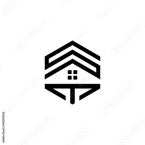 Abstract graphic illustration of letters S, Т and a window in the form of a hexagon