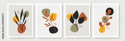 Abstract modern botanical boho poster collection. Organic bohemian wall art poster for minimal luxury interior with watercolor abstract shapes. Neutral paster color, foliage drawing. Acrylic vector