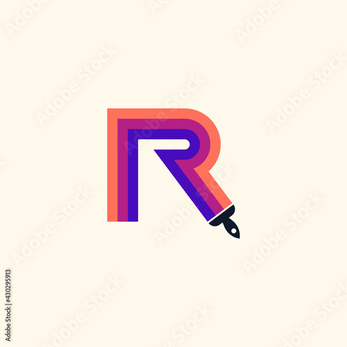 Abstract graphic illustration of a multicolored brush painting the letter R