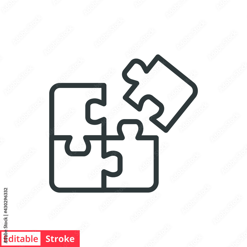 Puzzle line icon. Simple outline style. Jigsaw symbol, pictogram, single, piece, business, teamwork logo concept design. Vector illustration isolated on white background. Editable stroke EPS 10. Puzzle line icon. Simple outline style. Jigsaw symbol, pictogram, single, piece, business, teamwork logo concept design. Vector illustration isolated on white background. Editable stroke EPS 10.