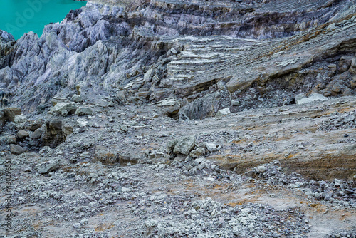 Rock wall and sulphur mining in Ijen crater in the morning in Kawah Ijen volcano Landmark from East Java Indonesia
