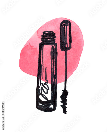 Mascara on pink watercolor blotch. Cosmetic and makeup products. The illustration is drawn with a marker and watercolors in a trendy style.