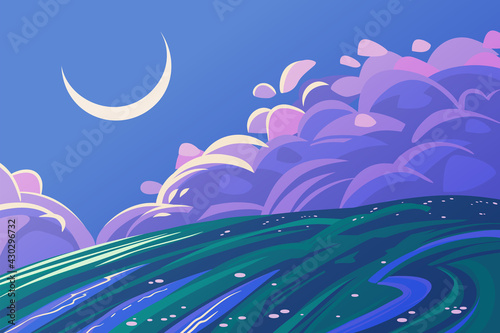 Summer fields landscape at night, vector illustration. Rural landscape.