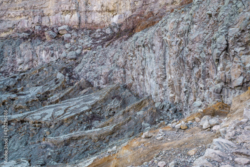 Rock wall and sulphur mining in Ijen crater in the morning in Kawah Ijen volcano Landmark from East Java Indonesia