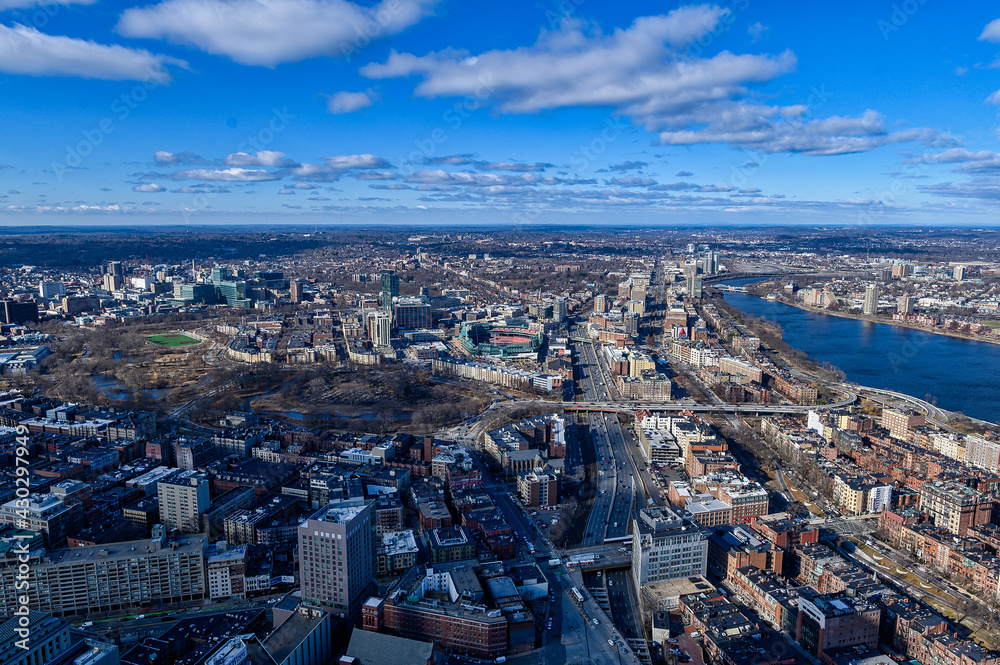wide angle shot of boston from atop downtown skyscraper