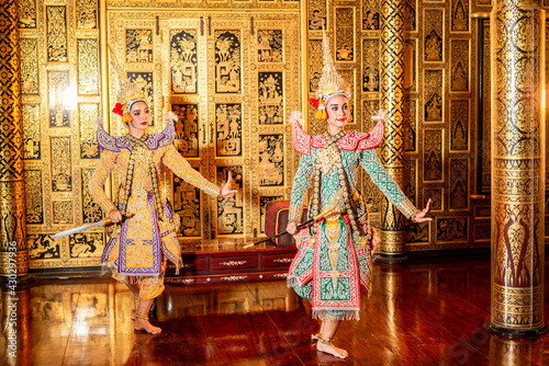 Khon art of culture Thailand Dancing in masked Ramayana Story.