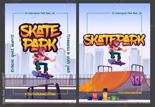 Skate park cartoon posters with teenager at rollerdrome perform skateboard jumping stunts on pipe ramps. Extreme sport, graffiti painting, youth urban culture and teen street activity, vector banners