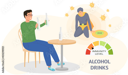Dependent guy drinks alcohol alone sitting on chair at table. Loneliness addicted male character with alcohol beverage at home. Immunity level decreases due to drinking. Unhealthy lifestyle concept