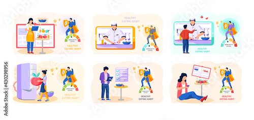 Set of illustrations about healthy eating habits. Preparing fresh low calorie diet meal. Immunity level increases due to nutrition. People are learning about proper nutrition from internet and cooking
