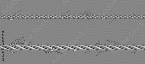 Metal cable, steel twisted twine with torn fibers. Old broken iron rope with break threads. Vector realistic border of 3d straight hawser isolated on transparent background
