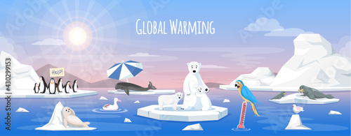 Global warming, environment pollution, global warming heating impact. Change climate. Penguins and polar bear floating on iceberg. World Environment Day, sun ecology. Global warming ice landscape