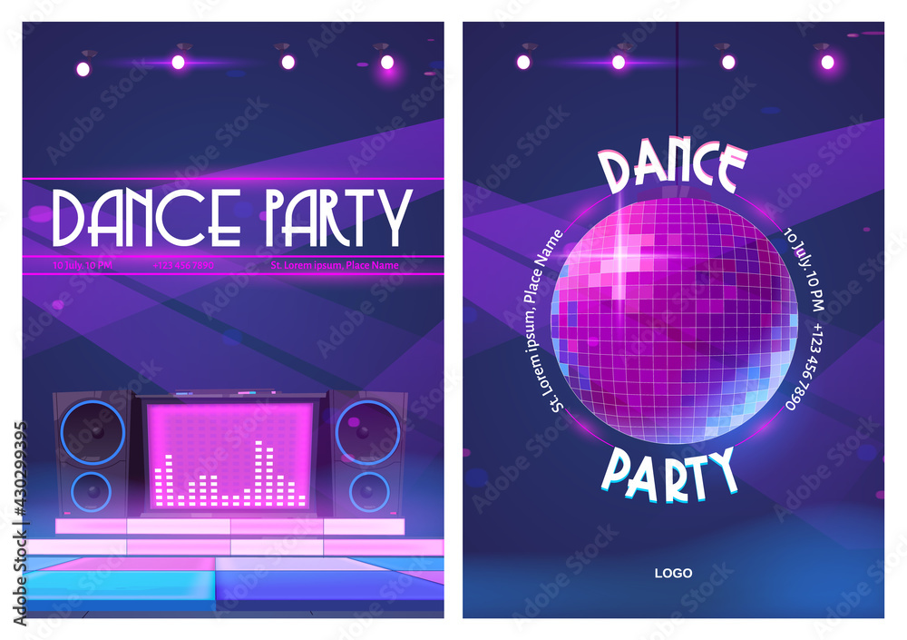 Dance party flyers with disco ball and dj music console. Posters of night  club event with discotheque. Vector cartoon illustration of sound speakers  and dance floor in pink neon light Stock Vector |