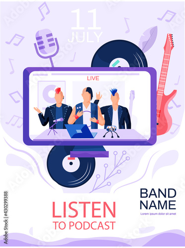 Guys in rock clothes are performing in recording studio. Rock band creates live music together. Music group recording track and singing for broadcast. Listening to podcasts online concept poster