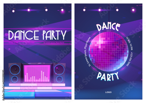 Dance party flyers with disco ball and dj music console. Posters of night club event with discotheque. Vector cartoon illustration of sound speakers and dance floor in pink neon light