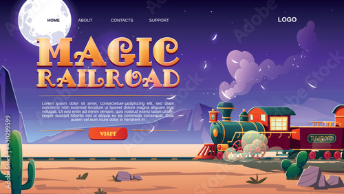 Magic railroad website with steam train in wild west. Children train in amusement park or festival. Vector landing page with cartoon desert landscape with locomotive, rails and cactuses at night