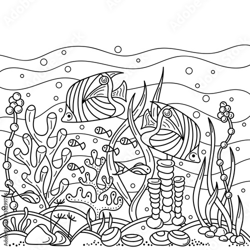 Coloring book for adults and older children. Multi-layer Marine vector motif . Doodles of the underwater world, sea, ocean, river .