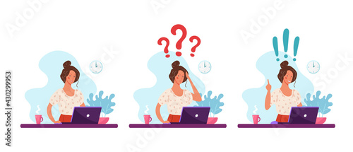 A set of illustrations, a female student studies at a desk with a laptop, a woman works in an office with a computer. Resolving an issue, an idea, anxiety, and career success. Flat vector illustration