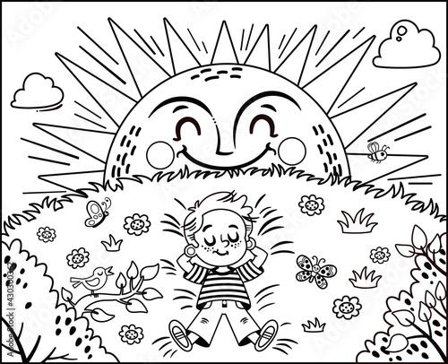 Black and white vector illustration. Little boy enjoying the Sun. Painting activity. Isolated on white. 
