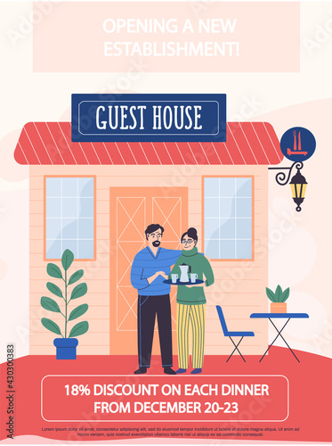 Announcement of discounts for dinner in cafe. Opening of new guest house establishment concept poster. People working in catering establishment. Cartoon characters serve and propose drinks for guests
