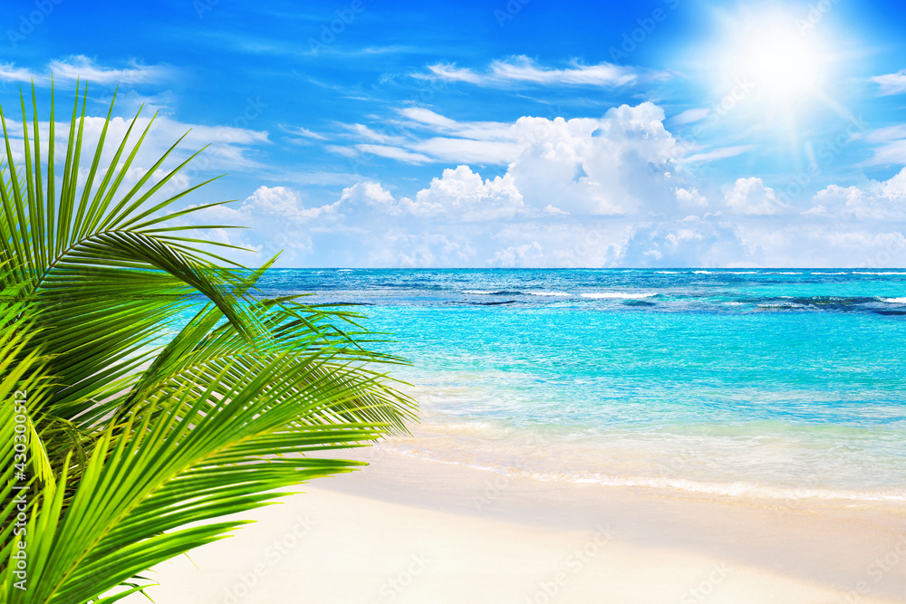 Fototapeta premium Tropical island landscape, exotic sand beach, turquoise sea water ocean waves, sun blue sky white clouds background, beautiful nature view, summer holidays, vacation, travel