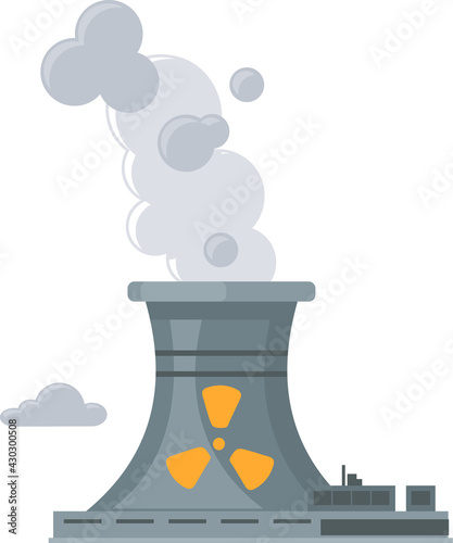 Nuclear plant, smoke from factory chimney icon, air pollution concept. Factory with symbol of radiation and radioactive substances isolated on white background. Nuclear power plant pollutes air