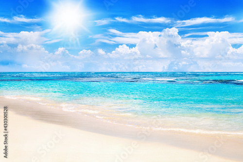 Beautiful tropical sand beach view, exotic island landscape, turquoise sea water ocean wave sun blue sky white cloud background, summer holidays vacation travel, Caribbean nature, Maldives, Seychelles