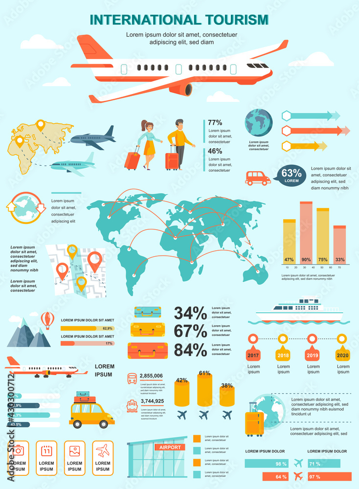 International tourism banner with infographic elements. Poster template with flowchart, data visualization, timeline, workflow, illustration. Vector info graphics design of marketing materials concept
