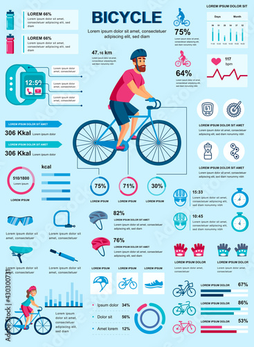 Bicycle banner with infographic elements. Cycling poster template with flowchart, data visualization, timeline, workflow, illustration. Vector info graphics design of marketing materials concept