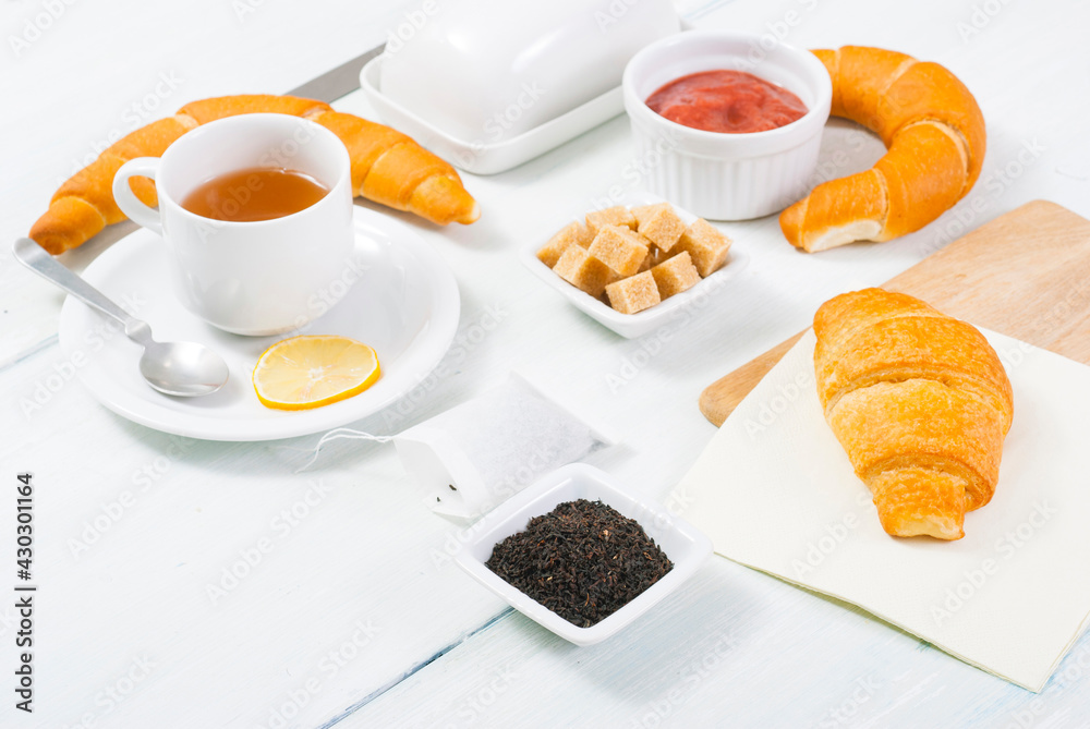 breakfast on white wood table breakfast on white wood table