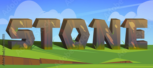 Cartoon word stone with rock letters stand on green grass under cloudy sky. Abc characters, abstract elements of natural material texture for graphic design, Rocky uppercase font, vector illustration