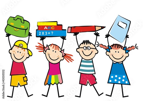 Four smiling kids with school equipments, school bag, books, crayon and workbook, vector illustration