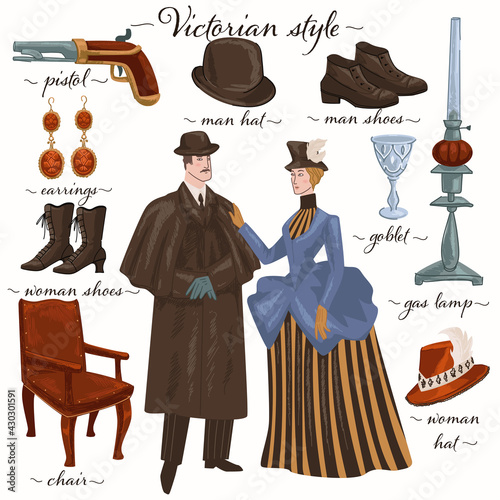 Victorian style epoch, couple and furniture object