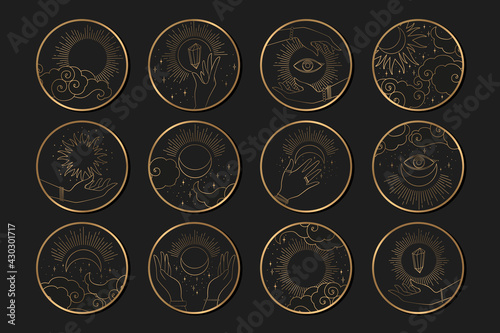 Collection of vector gold round icons with abstract hands, clouds, sun, moon and stars isolated on black background. Set of mysterious signs for social media stories, logo or emblem