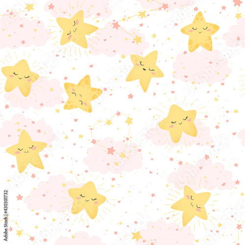 Seamless vector pattern with cute hand drawn cartoon stars and clouds isolated on white green background. Design for fabric, print, wallpaper, card, baby room decoration