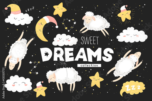 Vector collection with cute hand drawn cartoon clouds, moon, stars and sheeps isolated on black background. Illustration for print, fabric, wallpaper, card, baby room decoration