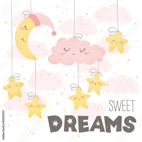 Vector illustration with cute hand drawn cartoon clouds, moon, stars and lettering Sweet dreams isolated on white background. Design for print, fabric, wallpaper, card, baby room decoration
