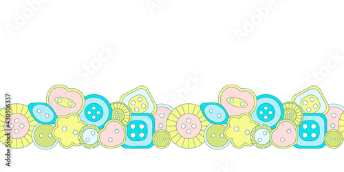 Horizontal seamless border with sewing buttons. The concept of needlework and industrial production of clothing.