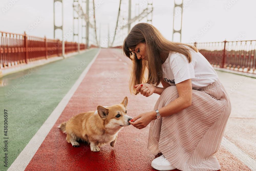 Pretty woman in spring outfit walking in the city with a dog. A girl in spring skirt feeding the dog Pretty woman in spring outfit walking in the city with a dog. A girl in spring skirt feeding the dog