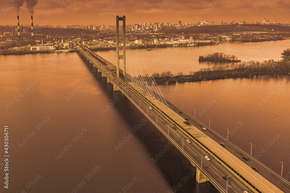 Aerial view from drone on South Bridge in Kiev, city skyline and landscape of Dnipro river, Ukraine