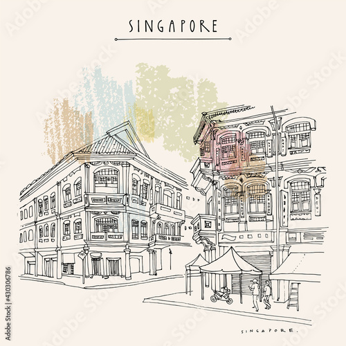 Vector Singapore touristic vacation guide illustration. Singapore cityscape, old town retro poster. Artistic  travel sketch. Hand drawn vintage touristic postcard, poster, booklet illustration
