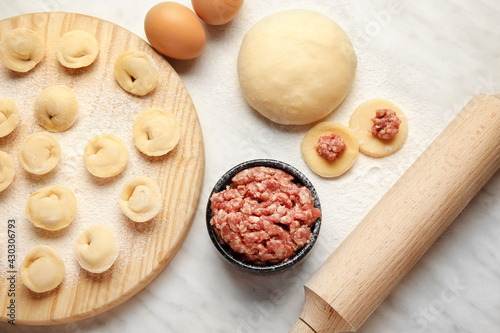 Composition with raw dumplings and ingredients on light background