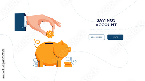 Savings account landing page template. Businessman's hand puts coin into the piggy bank for saving up money. financial services, management business, savings account for web. Flat vector illustration