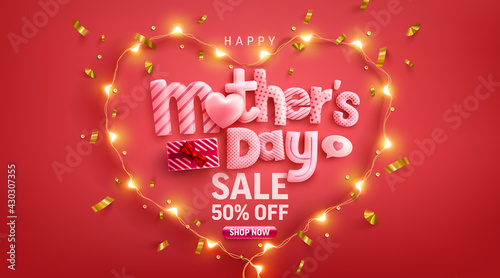 Mother's Day Sale 50% off Poster or banner with love heart and symbol of heart from LED lights on red background.Promotion and shopping template or background for Love and Mother's day concept.