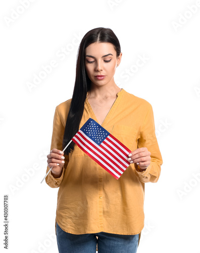 Young woman with USA flag on white background. Memorial Day celebration