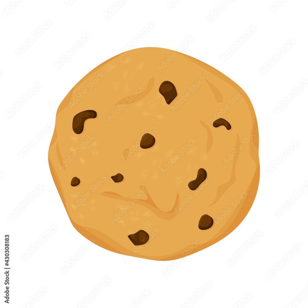 Traditional chocolate chip cookie round isolated on white background in flat style. Element for web designs. Sweet food, dessert. Traditional chocolate chip cookie round isolated on white background in flat style. Element for web designs. Sweet food, dessert.