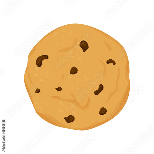 Traditional chocolate chip cookie round isolated on white background in flat style. Element for web designs. Sweet food, dessert.