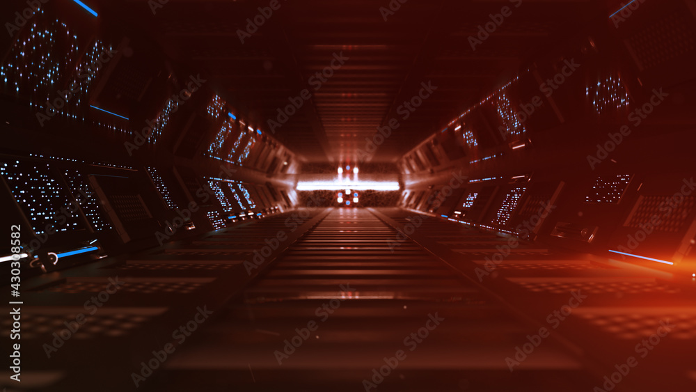 Red futuristic spaceship corridor 3D rendering