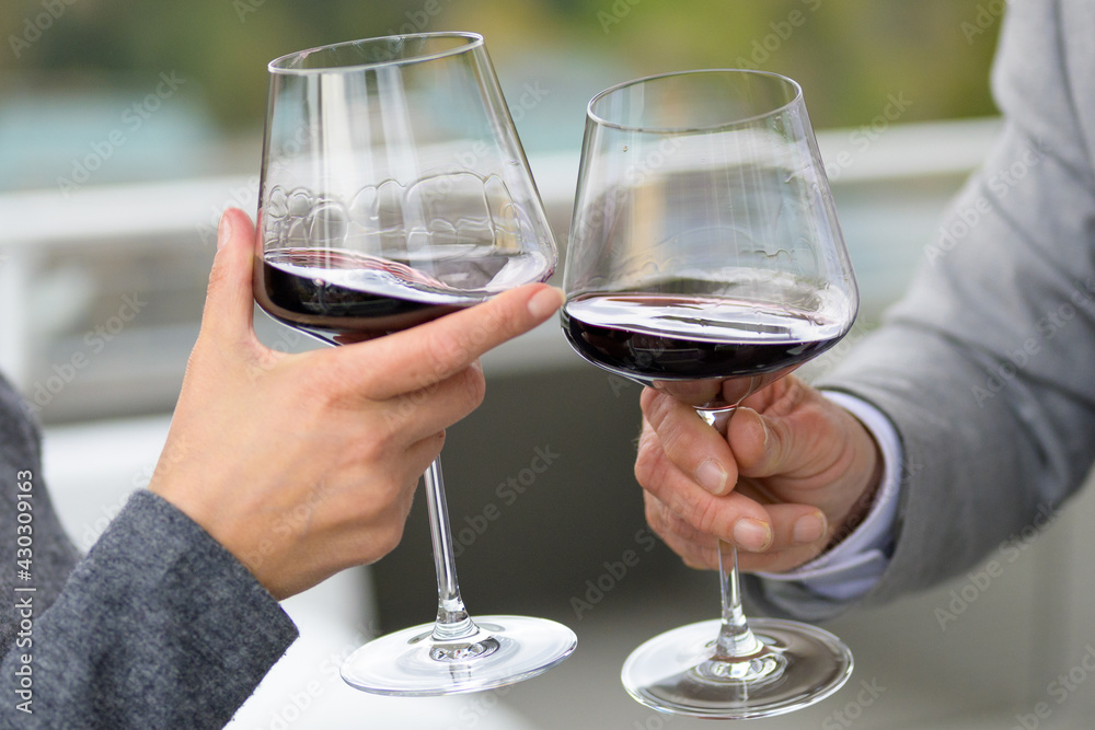 Man and woman celebrating clinking wineglasses in a toast Man and woman celebrating clinking wineglasses in a toast