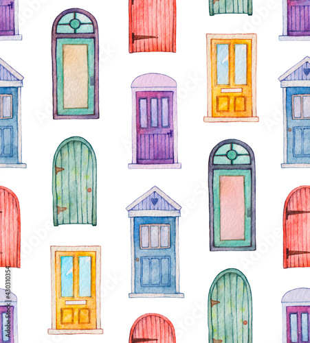 Watercolor seamless pattern with colorful doors. Hand painted illustration.