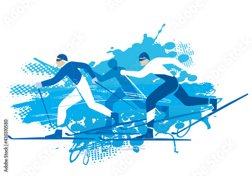 Cross Country Skiers, competition.
A expressive blue drawing of three cross-country ski competitors. Vector available.